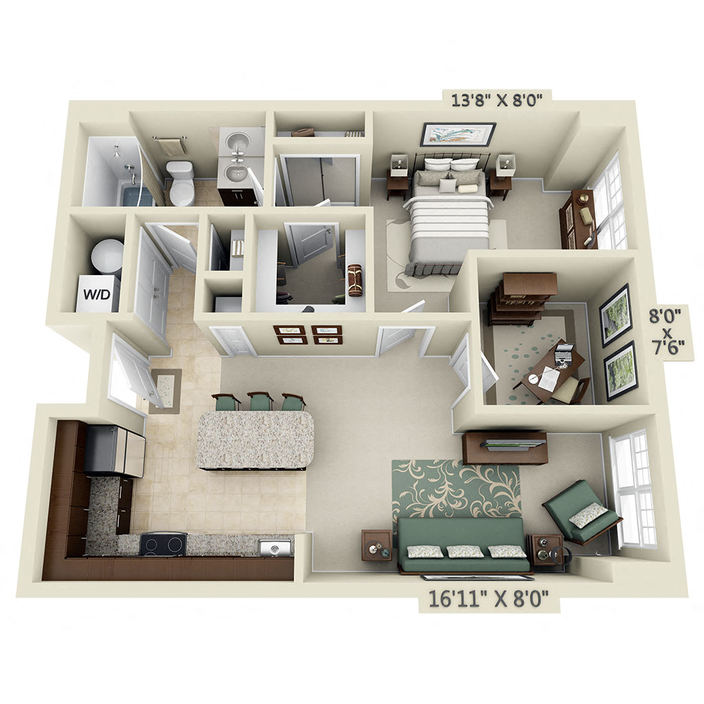 Floor plan for 1 bed, 1 bath, 735 sqft