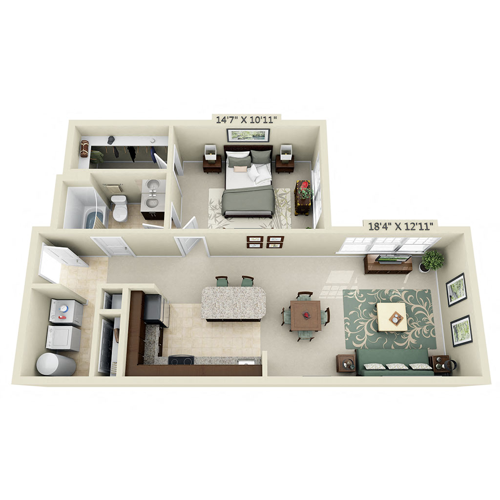 Floor plan for 1 bed, 1 bath, 754 sqft