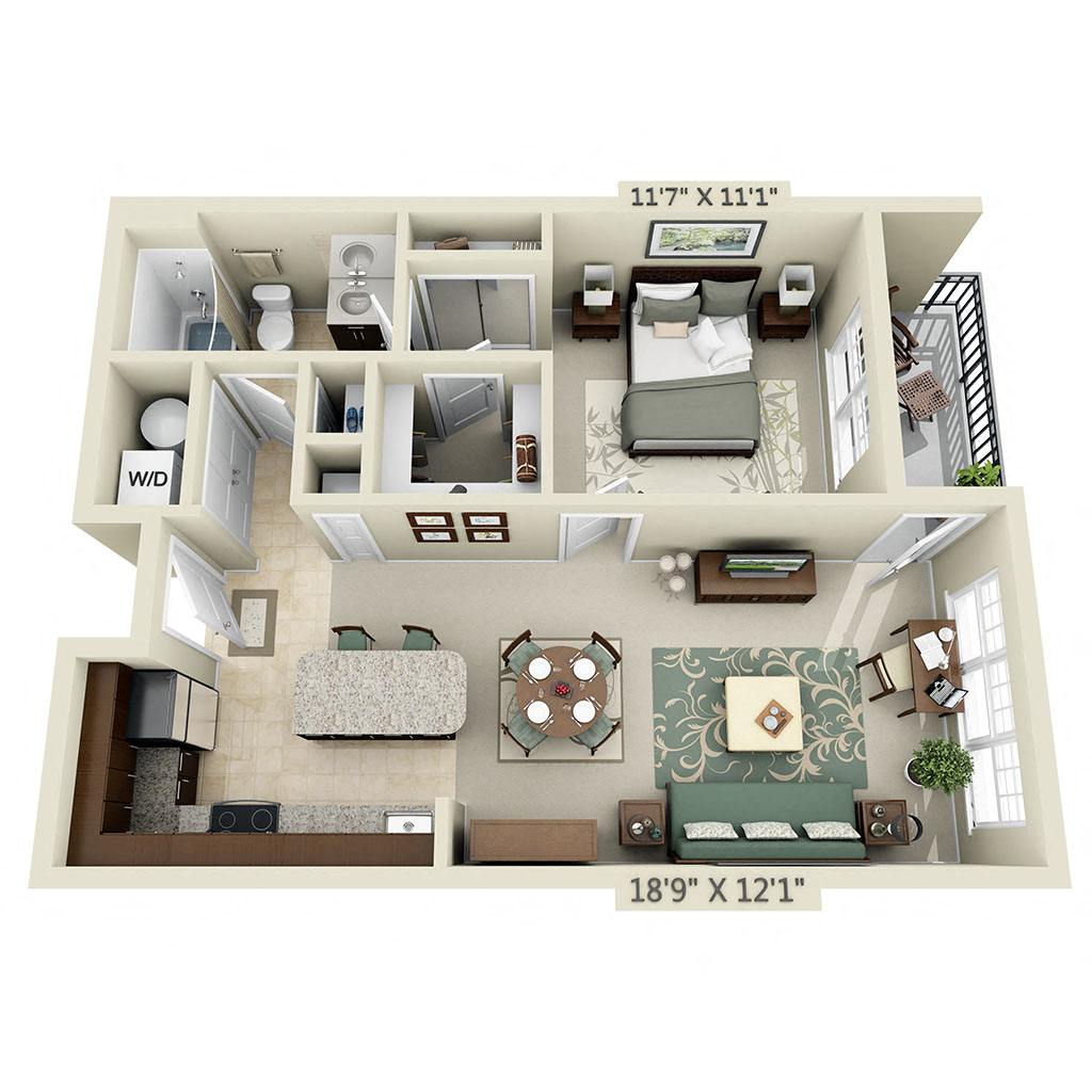 Floor plan for 1 bed, 1 bath, 800 sqft