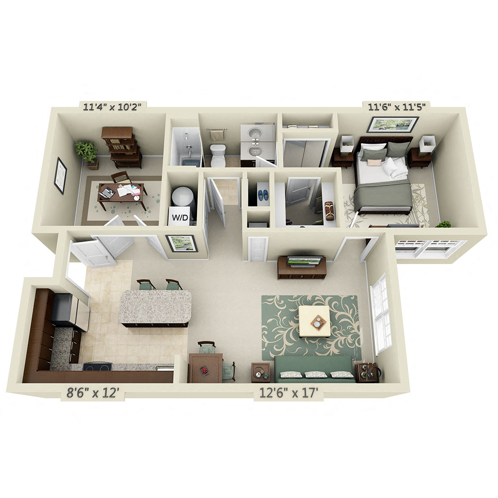 Floor plan for 1 bed, 1 bath, 830 sqft