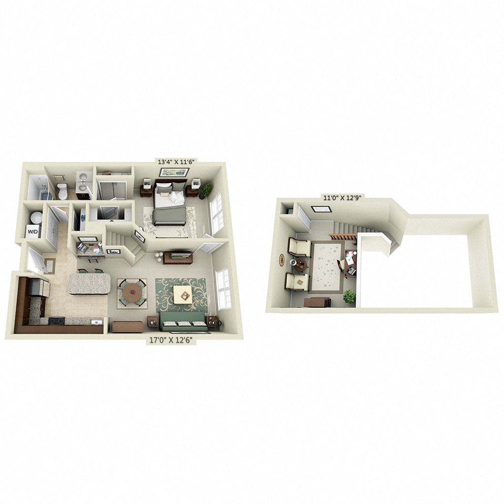 Floor plan for 1 bed, 1 bath, 879 sqft