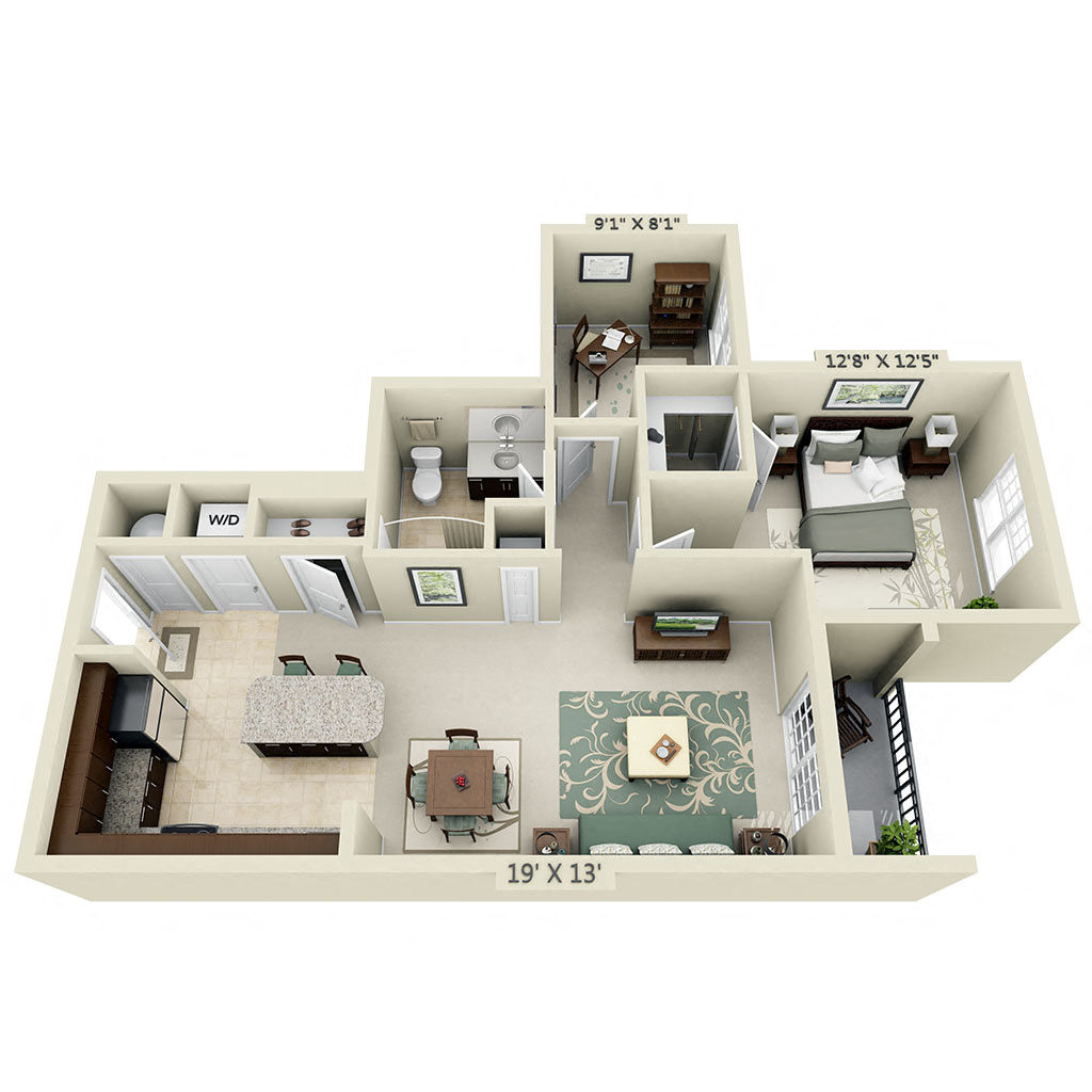 Floor plan for 1 bed, 1 bath, 884 sqft