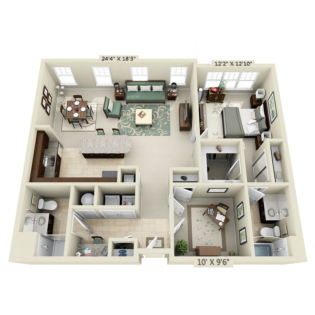 Floor plan for 1 bed, 2 baths, 1165 sqft