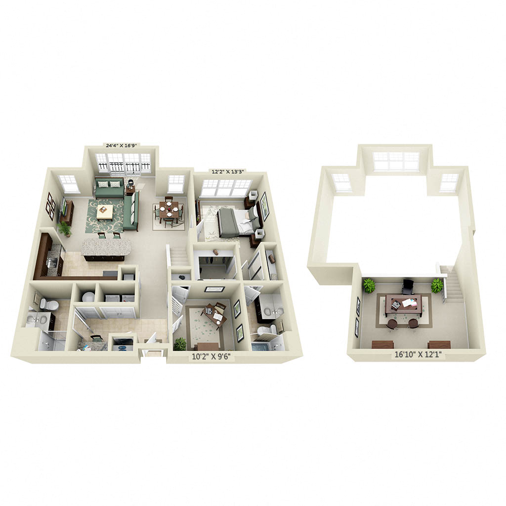 Floor plan for 1 bed, 2 baths, 1327 sqft