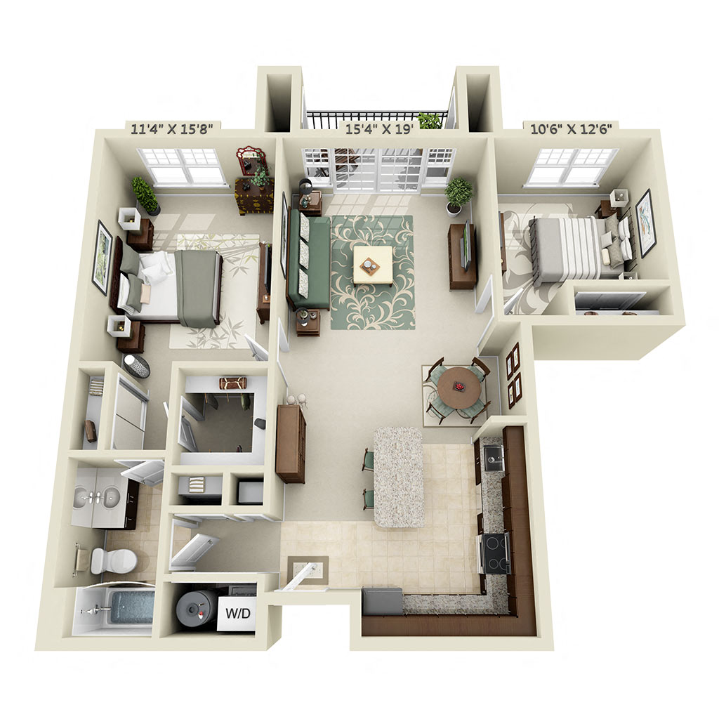 Floor plan for 2 beds, 1 bath, 986 sqft
