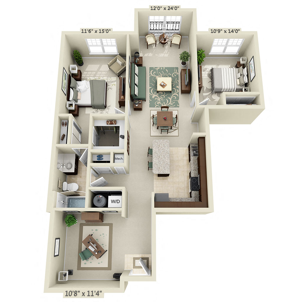 Floor plan for 2 beds, 1 bath, 1281 sqft