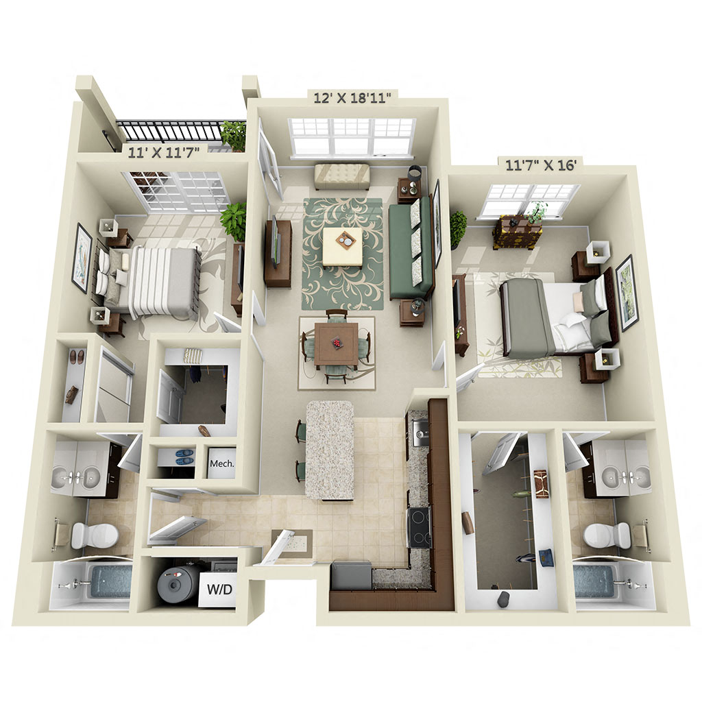 Floor plan for 2 beds, 2 baths, 1032 sqft