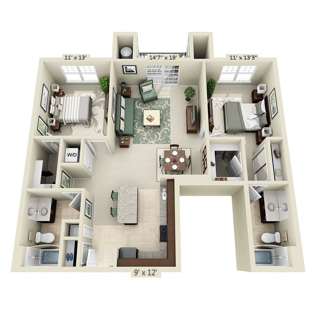 Floor plan for 2 beds, 2 baths, 1085 sqft