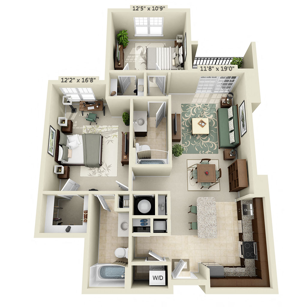 Floor plan for 2 beds, 2 baths, 1086 sqft