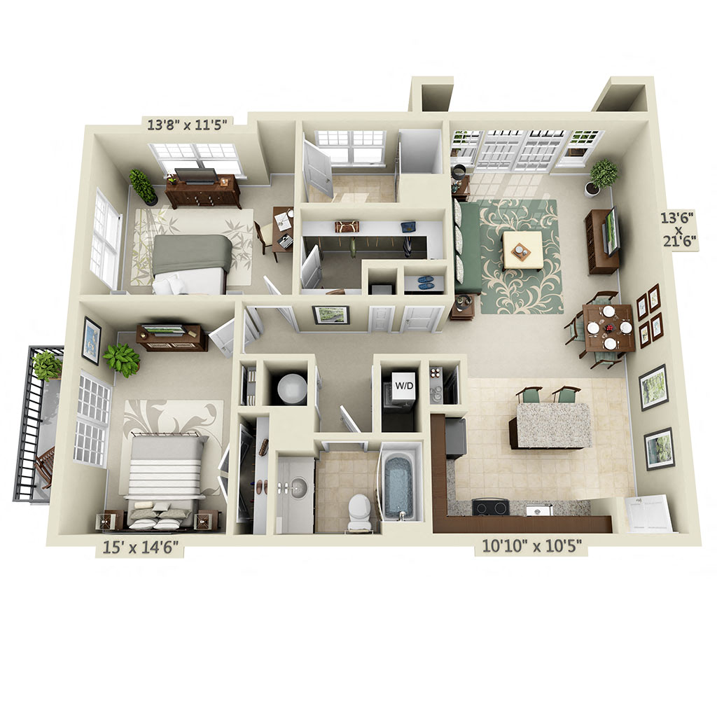 Floor plan for 2 beds, 2 baths, 1114 sqft