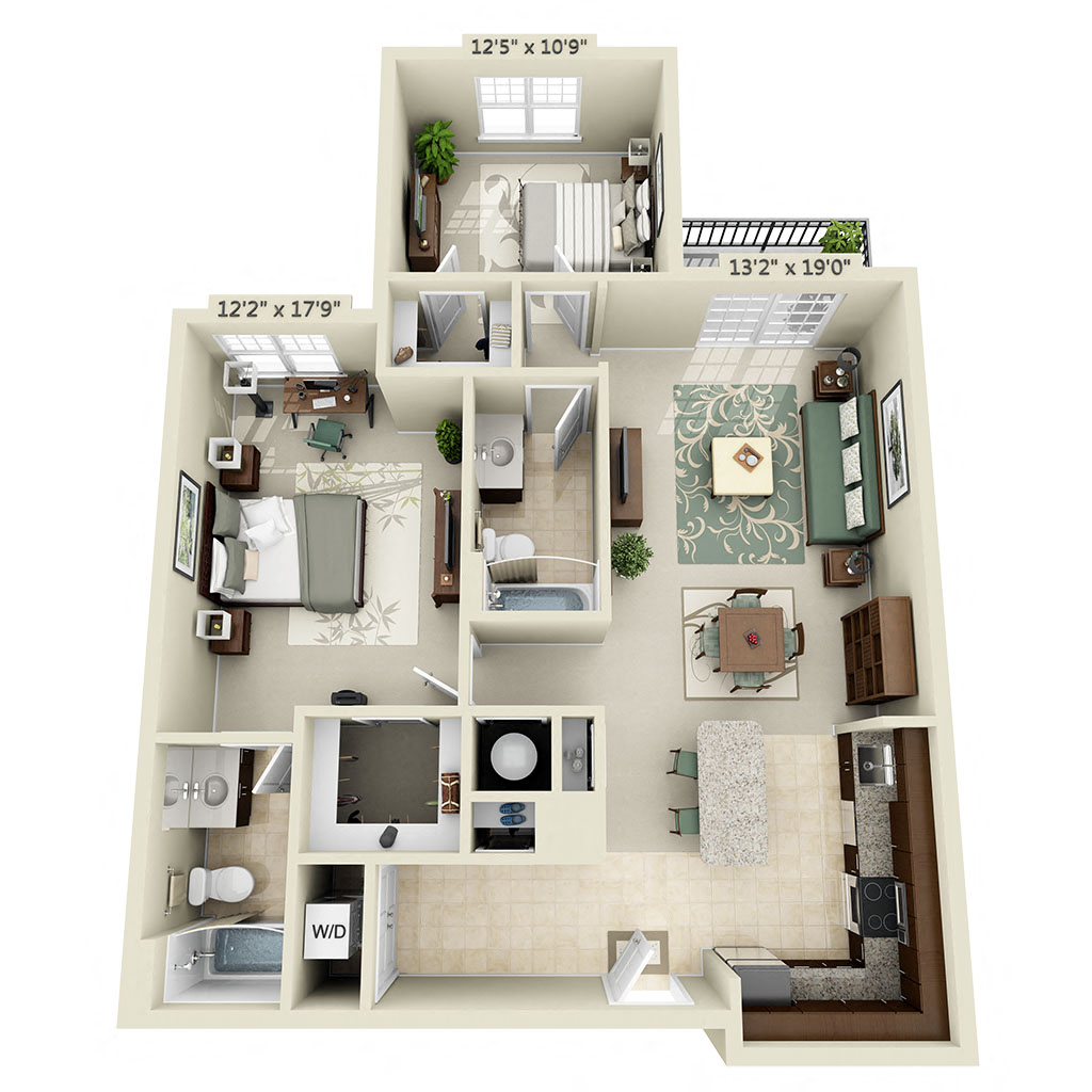 Floor plan for 2 beds, 2 baths, 1120 sqft
