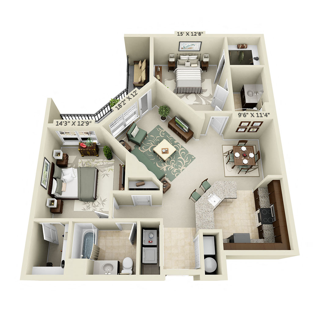 Floor plan for 2 beds, 2 baths, 1146 sqft