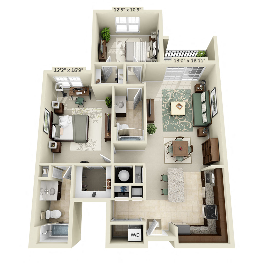 Floor plan for 2 beds, 2 baths, 1176 sqft
