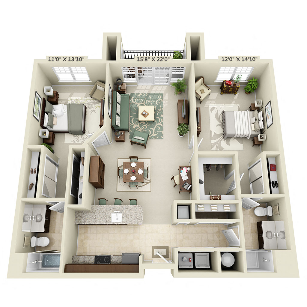 Floor plan for 2 beds, 2 baths, 1181 sqft