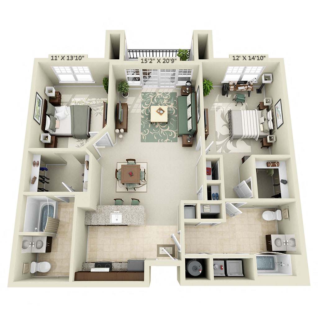 Floor plan for 2 beds, 2 baths, 1210 sqft