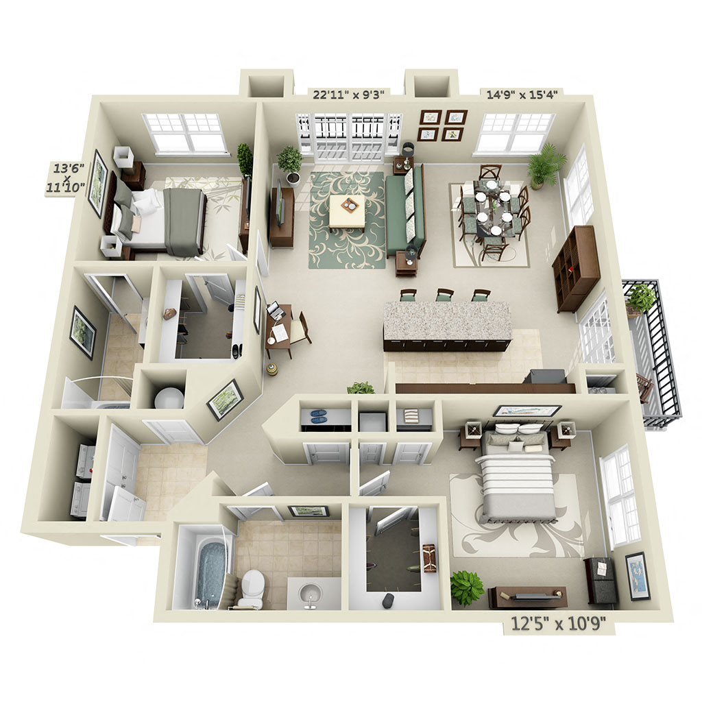 Floor plan for 2 beds, 2 baths, 1333 sqft