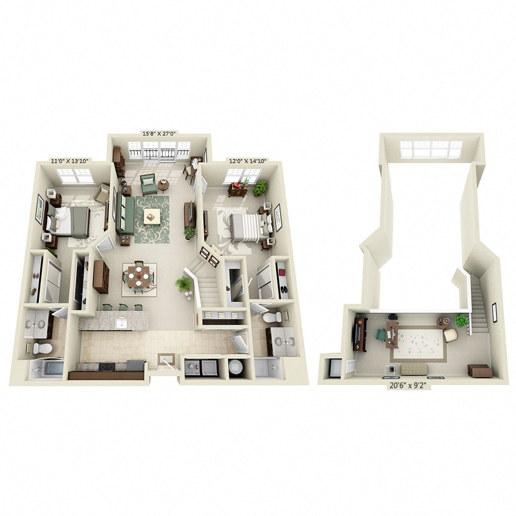 Floor plan for 2 beds, 2 baths, 1352 sqft