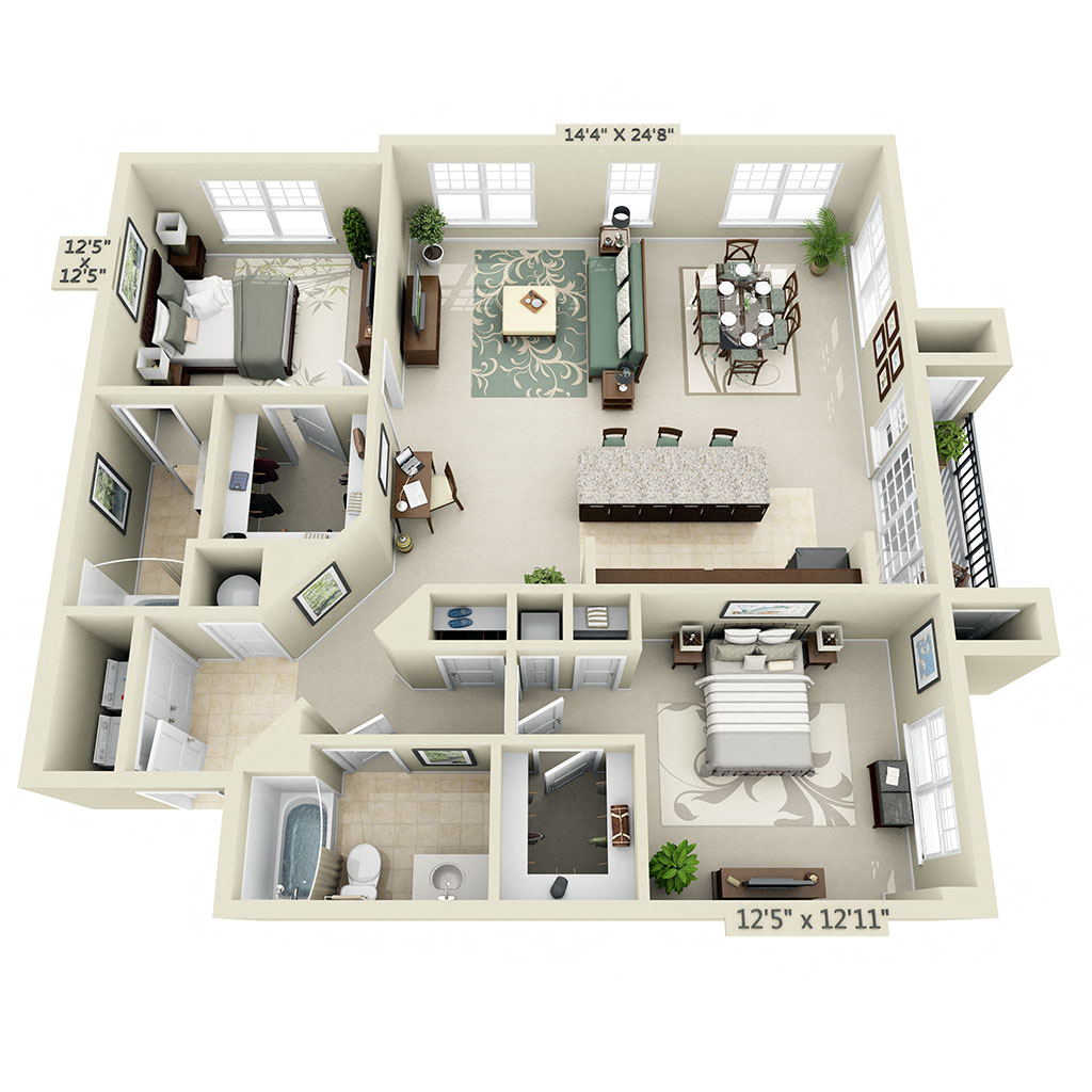Floor plan for 2 beds, 2 baths, 1366 sqft