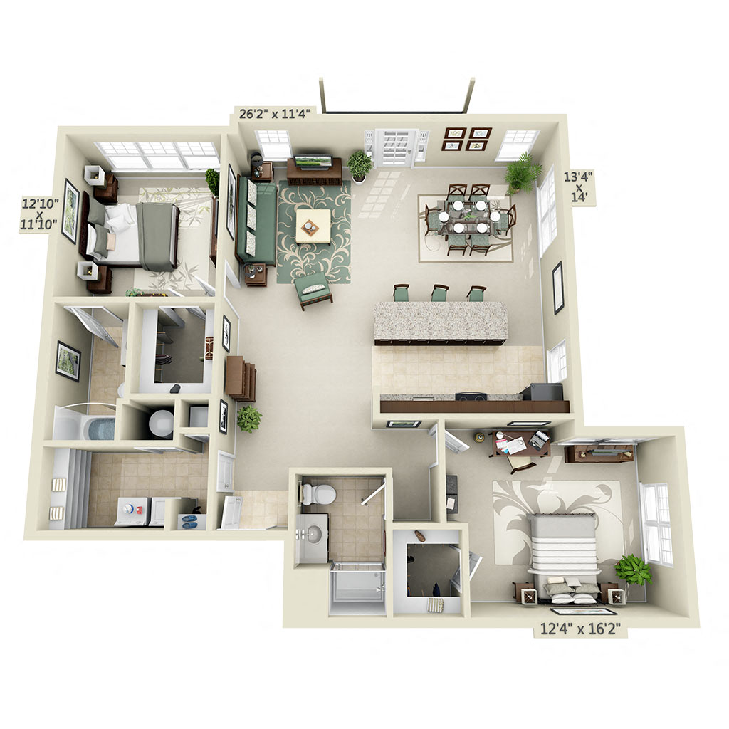 Floor plan for 2 beds, 2 baths, 1415 sqft