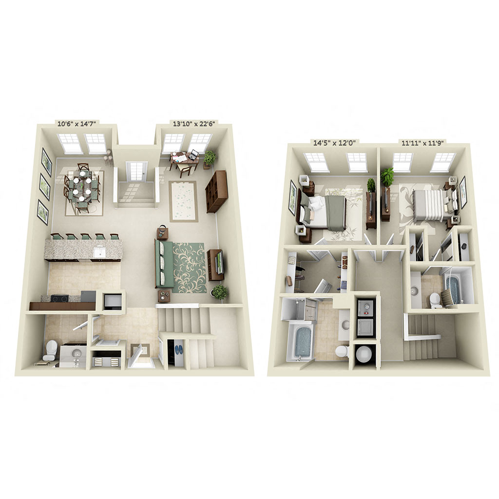 Floor plan for 2 beds, 2.5 baths, 1415 sqft