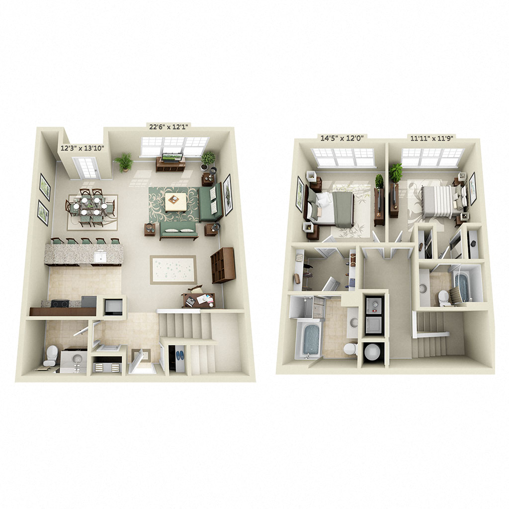 Floor plan for 2 beds, 2.5 baths, 1415 sqft