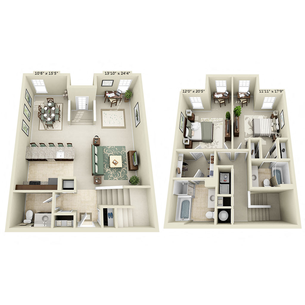 Floor plan for 2 beds, 2.5 baths, 1465 sqft
