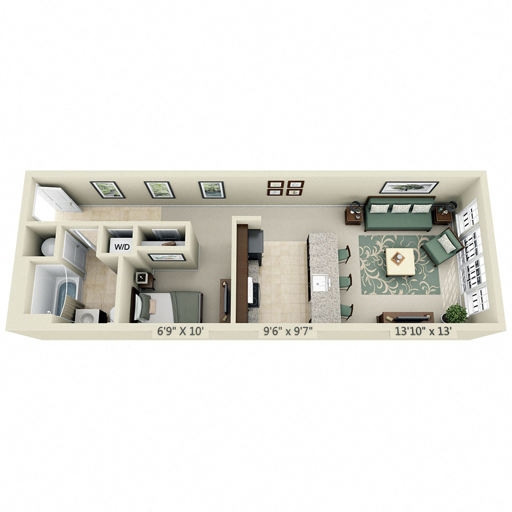 Floor plan for studio, 1 bath, 590 sqft
