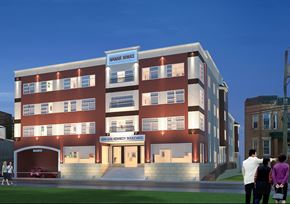 Jersey City apartment for rent - a rendering of a brick building with people standing in front of it