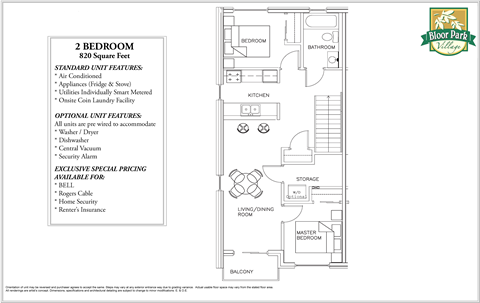 Floor plan for 2 beds, 1 bath, 820 sqft