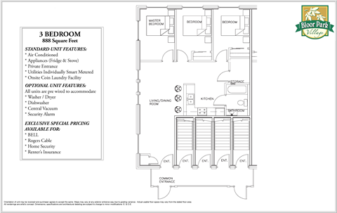 Floor plan for 3 beds, 1 bath, 888 sqft