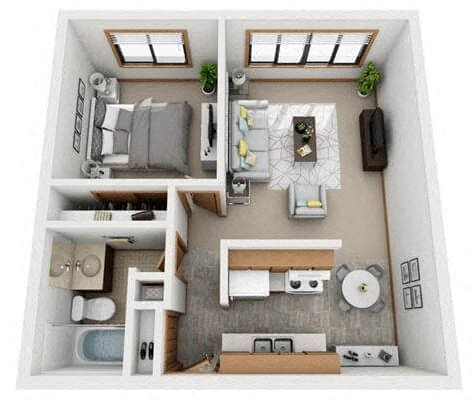 Floor plan for 1 bed, 1 bath, 675 sqft
