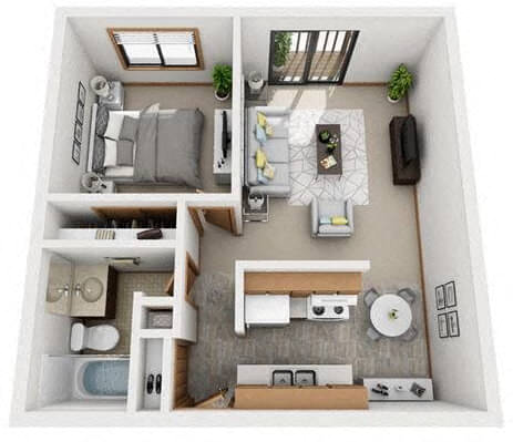 Floor plan for 1 bed, 1 bath, 675 sqft