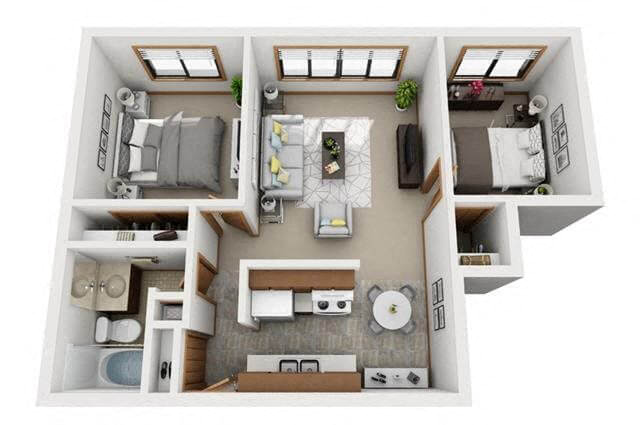 Floor plan for 2 beds, 1 bath, 745 sqft