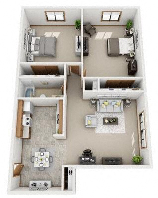 Floor plan for 2 beds, 1 bath, 975 sqft
