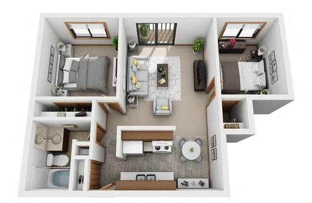 Floor plan for 2 beds, 1 bath, 775 sqft