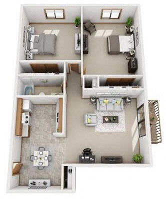 Floor plan for 2 beds, 1 bath, 975 sqft