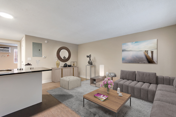 Denver apartment for rent - a living room with a gray couch and a coffee table
