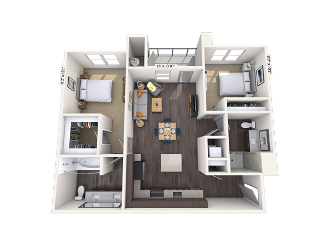 Floor plan for 2 beds, 2 baths, 1097 sqft