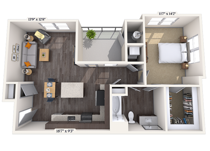 Floor plan for 1 bed, 1 bath, 835 sqft