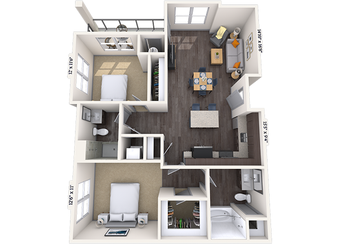 Floor plan for 2 beds, 2 baths, 1045 sqft