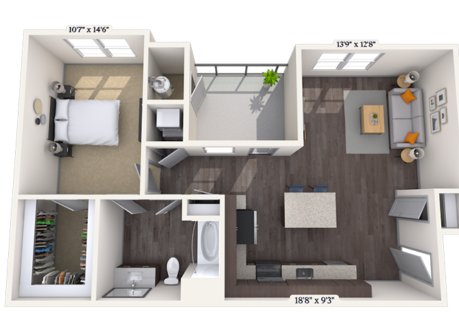 Floor plan for 1 bed, 1 bath, 821 sqft
