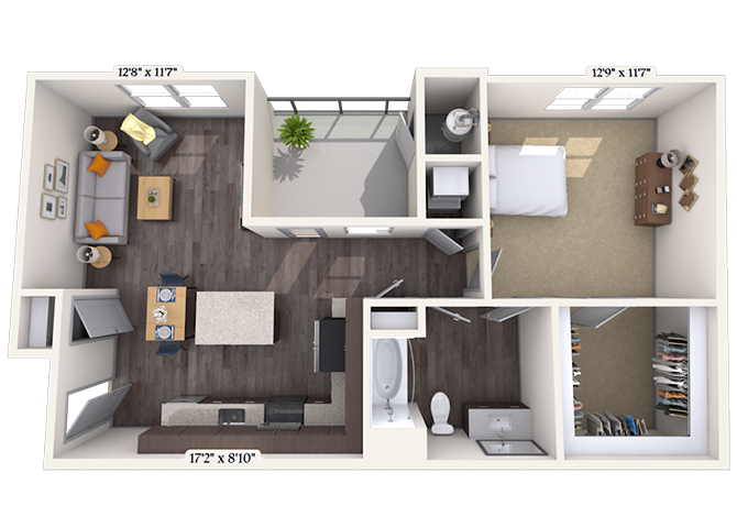 Floor plan for 1 bed, 1 bath, 785 sqft