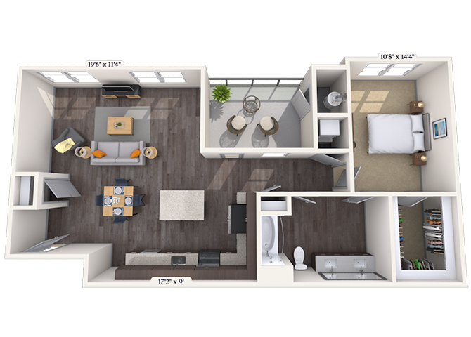 Floor plan for 1 bed, 1 bath, 965 sqft