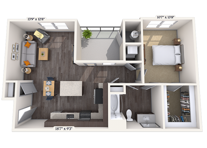Floor plan for 1 bed, 1 bath, 812 sqft