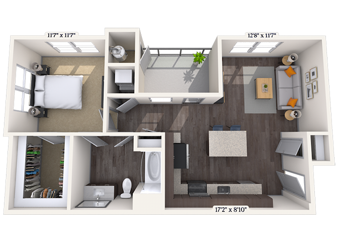 Floor plan for 1 bed, 1 bath, 750 sqft