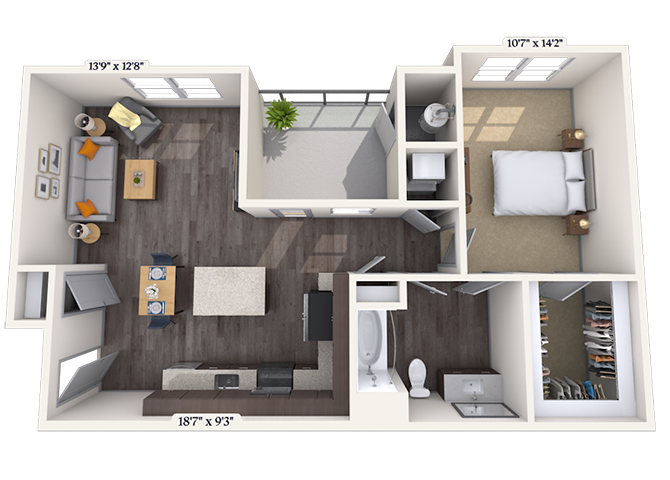 Floor plan for 1 bed, 1 bath, 816 sqft