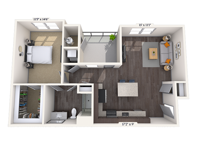 Floor plan for 1 bed, 1 bath, 858 sqft