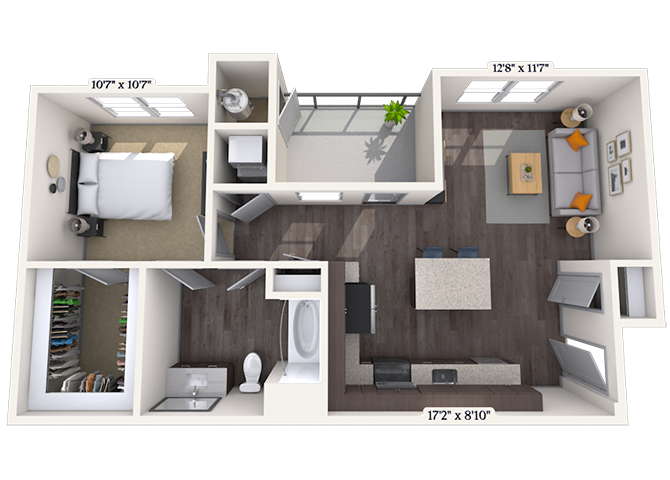 Floor plan for 1 bed, 1 bath, 724 sqft
