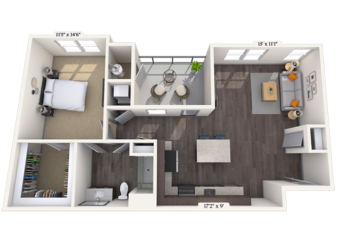 Floor plan for 1 bed, 1 bath, 885 sqft
