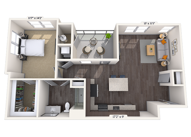 Floor plan for 1 bed, 1 bath, 880 sqft